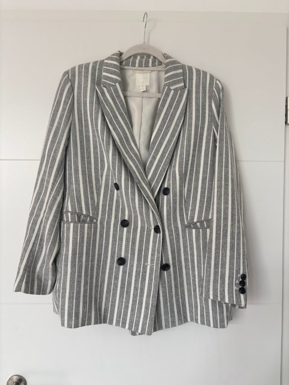 H&M Gray White Striped Double Breasted Blazer Black Buttons Size 12